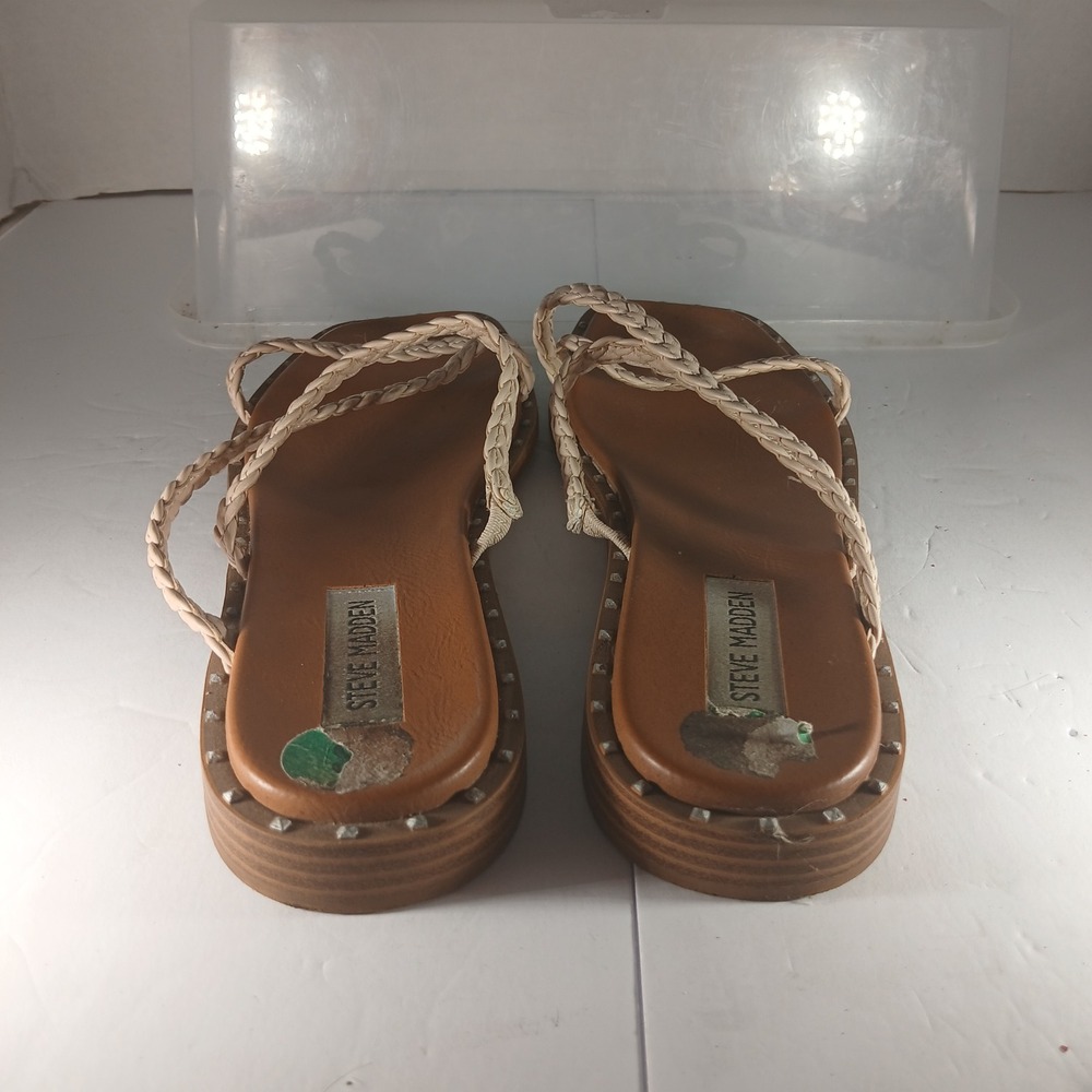 Steve Madden Braided Strappy Sandals 8 Tan Ivory Studded Square Toe Boho Chic - Picture 6 of 9